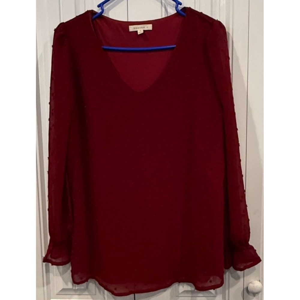 Bebe Women's L Red Swiss Dot Blouse Sheer Long Sleeve V Neck Ruffle Cuff Top